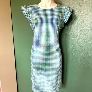 Elle Blue Green Checker Gingham Dress Short Sleeve Ruffles Midi